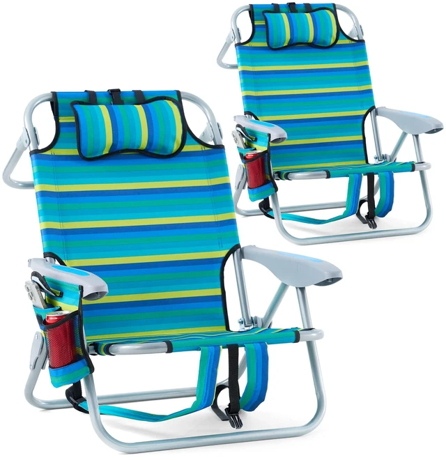 Main image of 2 Pack Lightweight Portable Camping Beach Chair for Adults, Outdoor Lay Flat Folding Beach Chairs with 5 Positions, Backpack Beach Chair with Towel Bar, Zipper Pouch, Cup Holder, NEW Striped