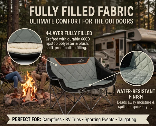 Alt view image 5 of 7 - Oversized Fully Padded Camping Chair Folding Loveseat Camping Couch Double Duo Chair Heavy Duty Quad Fold Arm Chair with Cup Hold - Supports 650 LBS - Black