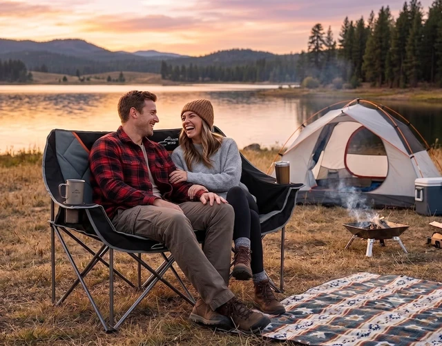 Alt view image 2 of 7 - Oversized Fully Padded Camping Chair Folding Loveseat Camping Couch Double Duo Chair Heavy Duty Quad Fold Arm Chair with Cup Hold - Supports 650 LBS - Black