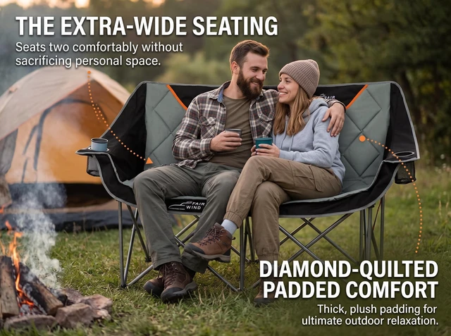 Alt view image 3 of 7 - Oversized Fully Padded Camping Chair Folding Loveseat Camping Couch Double Duo Chair Heavy Duty Quad Fold Arm Chair with Cup Hold - Supports 650 LBS - Black