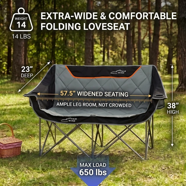 Alt view image 4 of 7 - Oversized Fully Padded Camping Chair Folding Loveseat Camping Couch Double Duo Chair Heavy Duty Quad Fold Arm Chair with Cup Hold - Supports 650 LBS - Black