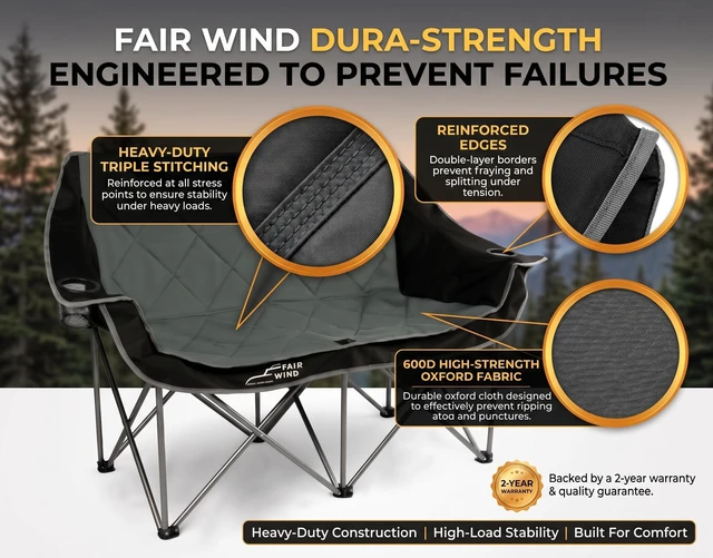 Alt view image 6 of 7 - Oversized Fully Padded Camping Chair Folding Loveseat Camping Couch Double Duo Chair Heavy Duty Quad Fold Arm Chair with Cup Hold - Supports 650 LBS - Black