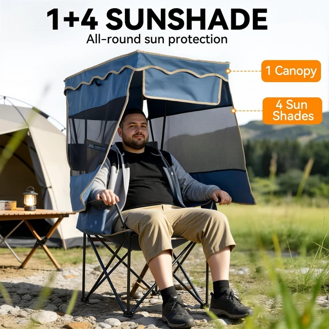 Alt view image 2 of 7 - Oversized Camping Chair with CanopyFolding Chair Supports 330 Lbs, Blue | Padded Outdoor Chair with Cup Holder,Cooler Bag,Side Pockets, Beach Chair with Canopy for Outdoor Camping,Fishing