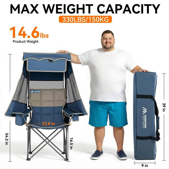 Alt view image 7 of 7 - Oversized Camping Chair with CanopyFolding Chair Supports 330 Lbs, Blue | Padded Outdoor Chair with Cup Holder,Cooler Bag,Side Pockets, Beach Chair with Canopy for Outdoor Camping,Fishing