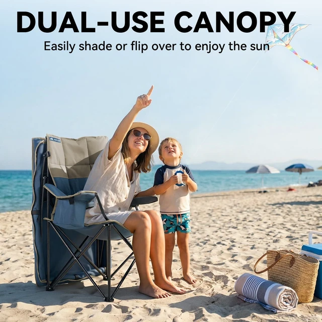 Alt view image 6 of 7 - Oversized Camping Chair with CanopyFolding Chair Supports 330 Lbs, Blue | Padded Outdoor Chair with Cup Holder,Cooler Bag,Side Pockets, Beach Chair with Canopy for Outdoor Camping,Fishing