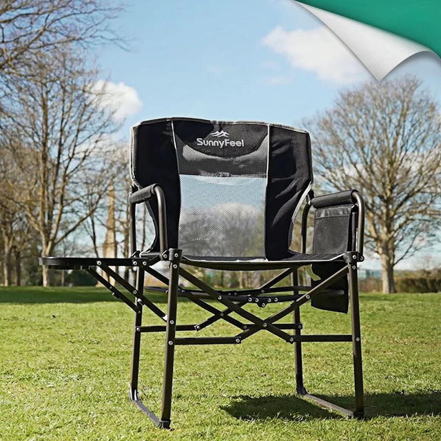 Alt view image 2 of 7 - Oversized Camping Chair Portable Directors Chairs with Side Table | Heavy Duty Folding Lawn Chair for Adults 300LBS with Compact Size, Breathable Mesh, Pocket & Carry Bag for Outdoor, Lawn, RV