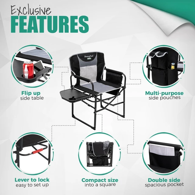 Alt view image 6 of 7 - Oversized Camping Chair Portable Directors Chairs with Side Table | Heavy Duty Folding Lawn Chair for Adults 300LBS with Compact Size, Breathable Mesh, Pocket & Carry Bag for Outdoor, Lawn, RV