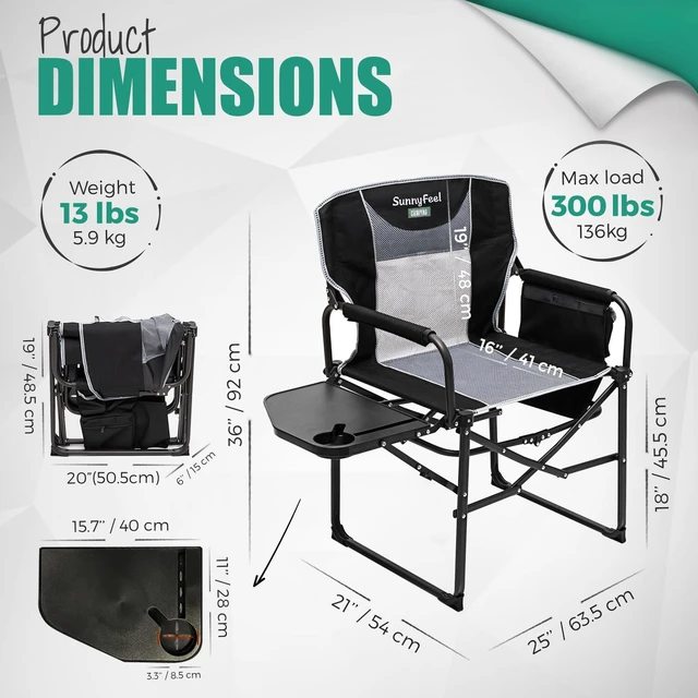 Alt view image 7 of 7 - Oversized Camping Chair Portable Directors Chairs with Side Table | Heavy Duty Folding Lawn Chair for Adults 300LBS with Compact Size, Breathable Mesh, Pocket & Carry Bag for Outdoor, Lawn, RV