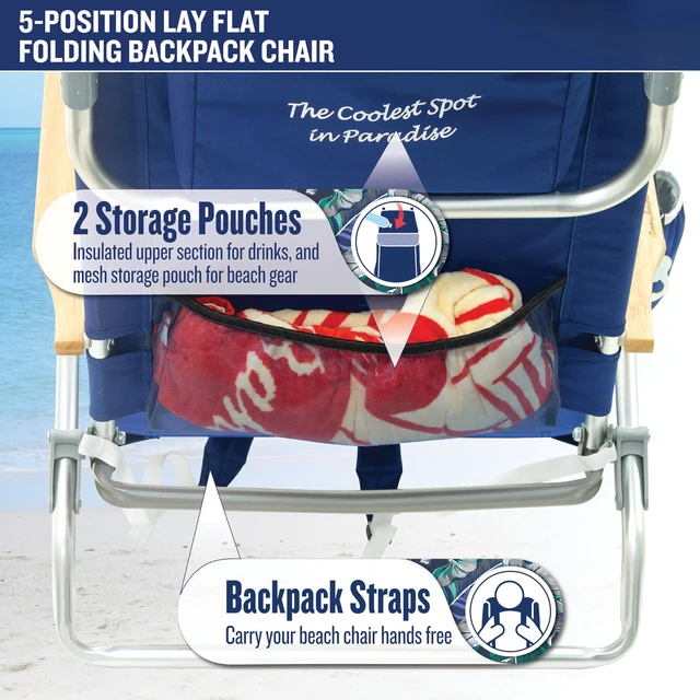 Alt view image 3 of 7 - 5-Position Lay Flat Beach Chair, Red/White/Blue Stripe | 8.5 in Seat Height, Pillow, Backpack Straps, Cup Holder, Storage Pouch, Insulated Cooler
