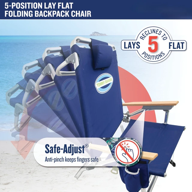 Alt view image 4 of 7 - 5-Position Lay Flat Beach Chair, Red/White/Blue Stripe | 8.5 in Seat Height, Pillow, Backpack Straps, Cup Holder, Storage Pouch, Insulated Cooler