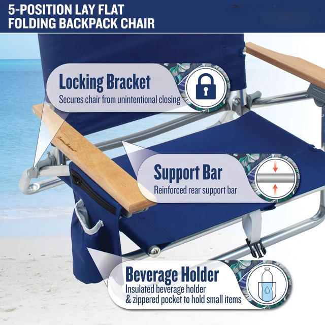 Alt view image 5 of 7 - 5-Position Lay Flat Beach Chair, Red/White/Blue Stripe | 8.5 in Seat Height, Pillow, Backpack Straps, Cup Holder, Storage Pouch, Insulated Cooler