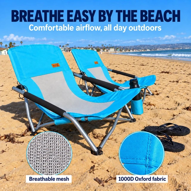 Alt view image 2 of 7 - Low Beach Camping Folding Chair, River Sand Lake Chair (2 Pack Blue) | Compact Backpacking Chair, Sillas De Playa, Cup Holder, Carry Bag, Heavy Duty, Outdoor, BBQ, Travel, Picnic, Festival