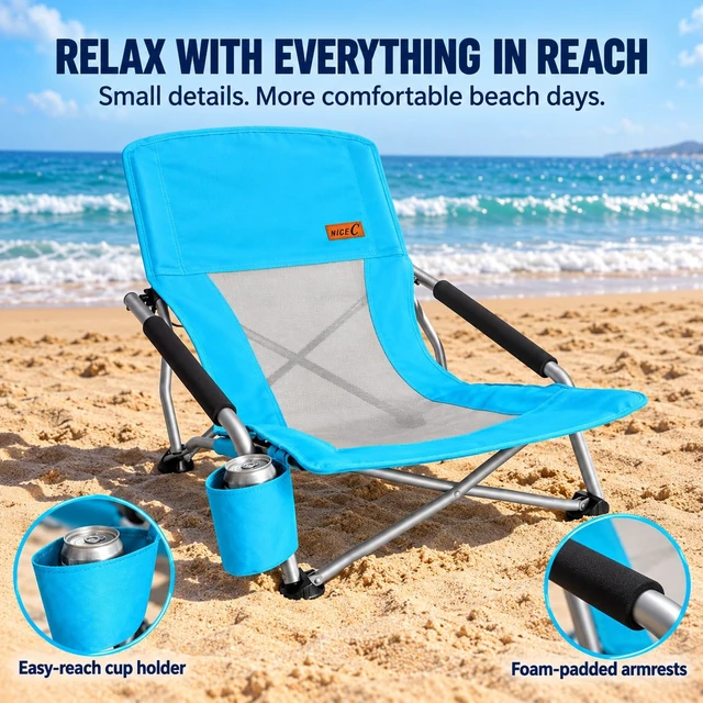 Alt view image 4 of 7 - Low Beach Camping Folding Chair, River Sand Lake Chair (2 Pack Blue) | Compact Backpacking Chair, Sillas De Playa, Cup Holder, Carry Bag, Heavy Duty, Outdoor, BBQ, Travel, Picnic, Festival