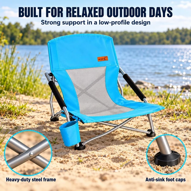 Alt view image 7 of 7 - Low Beach Camping Folding Chair, River Sand Lake Chair (2 Pack Blue) | Compact Backpacking Chair, Sillas De Playa, Cup Holder, Carry Bag, Heavy Duty, Outdoor, BBQ, Travel, Picnic, Festival