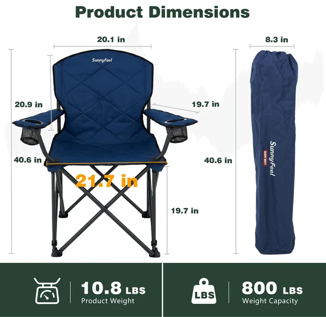 Alt view image 3 of 7 - XXL Oversized Camping Chair 800 lbs for Big Tall Adults, Blue | Portable Folding 27" Wide Padded Seat with Steel Frame 600D Oxford, Cup Holders & Carry Bag for Outdoor, Travel, Camp, Sports