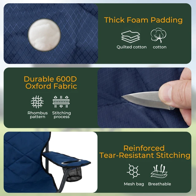 Alt view image 5 of 7 - XXL Oversized Camping Chair 800 lbs for Big Tall Adults, Blue | Portable Folding 27" Wide Padded Seat with Steel Frame 600D Oxford, Cup Holders & Carry Bag for Outdoor, Travel, Camp, Sports