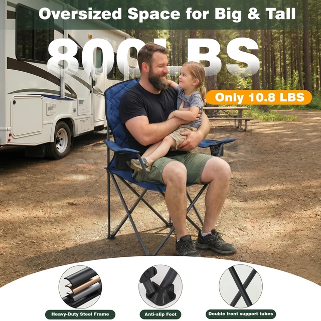 Alt view image 4 of 7 - XXL Oversized Camping Chair 800 lbs for Big Tall Adults, Blue | Portable Folding 27" Wide Padded Seat with Steel Frame 600D Oxford, Cup Holders & Carry Bag for Outdoor, Travel, Camp, Sports