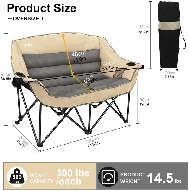 Alt view image 2 of 7 - Double Folding Camping Chair Fully Padded Loveseat Camping Couch Oversized 2 Person Lawn Chair Sofa w/Cup Holder,Wine Glass Holder,Mesh Storage for Patio Picnic Beach,Support 600lbs,Beige