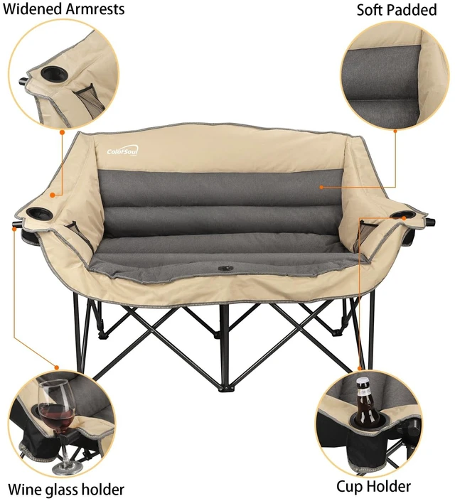 Alt view image 6 of 7 - Double Folding Camping Chair Fully Padded Loveseat Camping Couch Oversized 2 Person Lawn Chair Sofa w/Cup Holder,Wine Glass Holder,Mesh Storage for Patio Picnic Beach,Support 600lbs,Beige