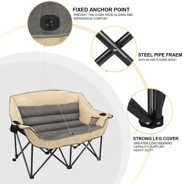 Alt view image 5 of 7 - Double Folding Camping Chair Fully Padded Loveseat Camping Couch Oversized 2 Person Lawn Chair Sofa w/Cup Holder,Wine Glass Holder,Mesh Storage for Patio Picnic Beach,Support 600lbs,Beige