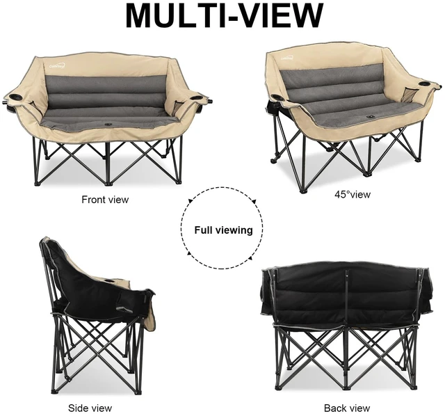 Alt view image 7 of 7 - Double Folding Camping Chair Fully Padded Loveseat Camping Couch Oversized 2 Person Lawn Chair Sofa w/Cup Holder,Wine Glass Holder,Mesh Storage for Patio Picnic Beach,Support 600lbs,Beige