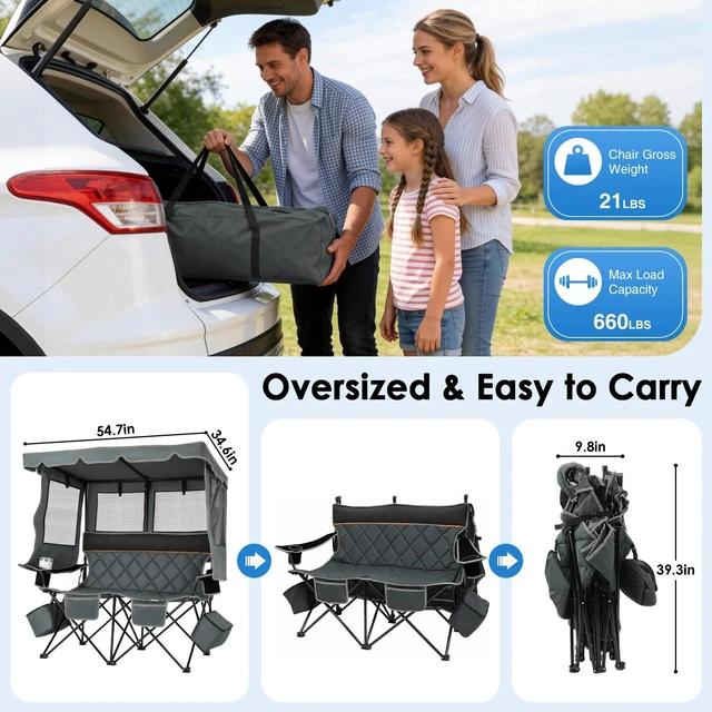 Alt view image 2 of 7 - Double Camping Chair with Canopy, 660lbs Folding Loveseat with Shade | Oversized Double Beach Chair with Umbrella with 2 Cooler Bags, Side Pockets and Cup Holders for Camping Beach Fishing