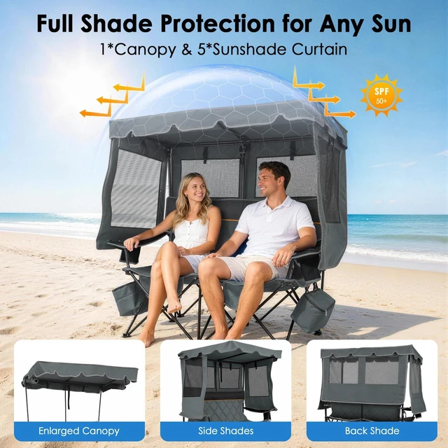 Alt view image 3 of 7 - Double Camping Chair with Canopy, 660lbs Folding Loveseat with Shade | Oversized Double Beach Chair with Umbrella with 2 Cooler Bags, Side Pockets and Cup Holders for Camping Beach Fishing