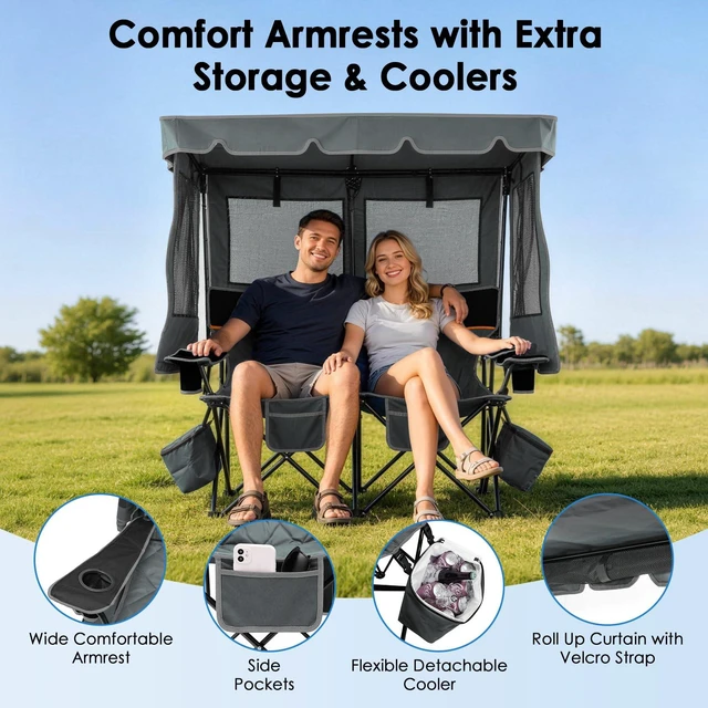 Alt view image 4 of 7 - Double Camping Chair with Canopy, 660lbs Folding Loveseat with Shade | Oversized Double Beach Chair with Umbrella with 2 Cooler Bags, Side Pockets and Cup Holders for Camping Beach Fishing