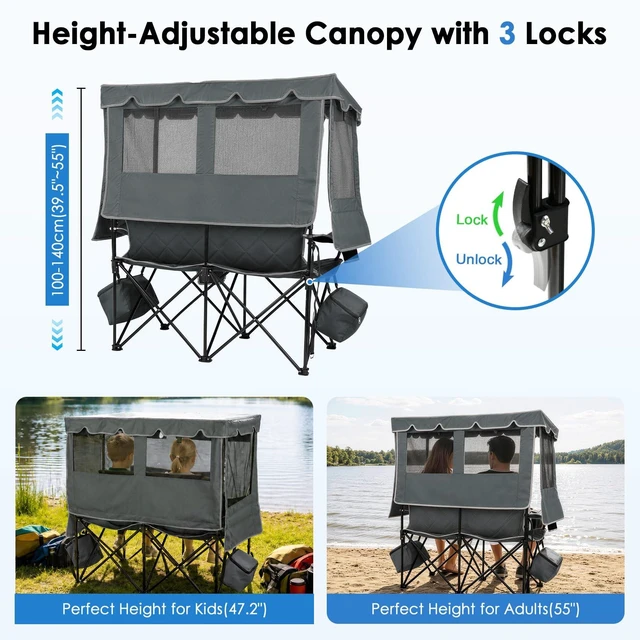 Alt view image 7 of 7 - Double Camping Chair with Canopy, 660lbs Folding Loveseat with Shade | Oversized Double Beach Chair with Umbrella with 2 Cooler Bags, Side Pockets and Cup Holders for Camping Beach Fishing