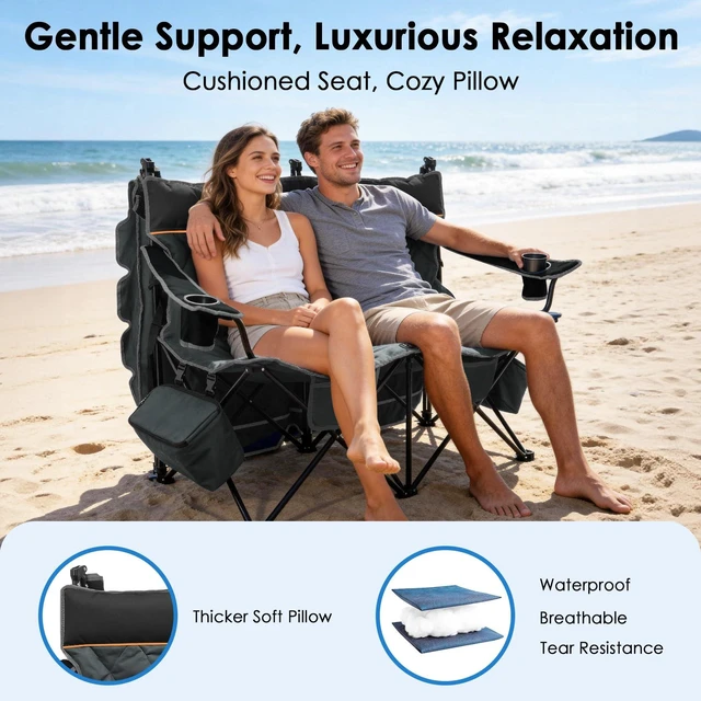 Alt view image 5 of 7 - Double Camping Chair with Canopy, 660lbs Folding Loveseat with Shade | Oversized Double Beach Chair with Umbrella with 2 Cooler Bags, Side Pockets and Cup Holders for Camping Beach Fishing