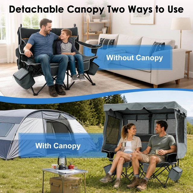 Alt view image 6 of 7 - Double Camping Chair with Canopy, 660lbs Folding Loveseat with Shade | Oversized Double Beach Chair with Umbrella with 2 Cooler Bags, Side Pockets and Cup Holders for Camping Beach Fishing
