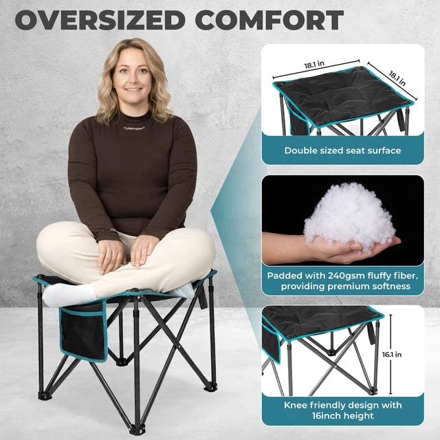 Alt view image 2 of 6 - 2 Pack Camping Stool Padded 18.1in 440Lbs Folding Foot Rest | 440 Lbs Heavy Duty Outdoor Camp Chairs with Anti-Slip Foots & Carry Bag for Fishing Travel (Black)
