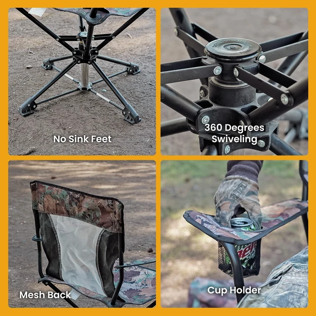 Alt view image 6 of 7 - 360° Degree Swivel Hunting Chair Stool Seat, No Sink Feet | Perfect for Blinds, No, Carrying Case, Steel Frame, Fishing, High-Grade 600D Canvas, Supports up to 450lbs, Camping, Beach