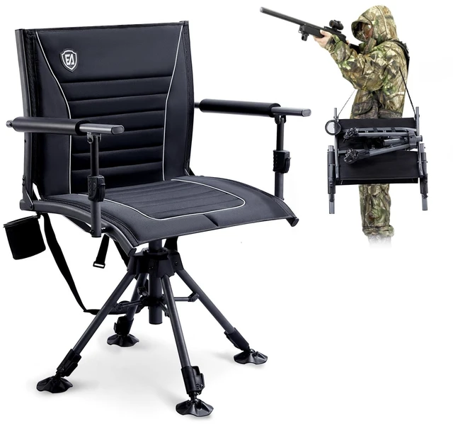 Main image of 360° Silent Swivel Hunting Chair for Blinds, Adjustable Folding Hunting Seats with Armrests for Outdoor Activities, Fishing, Support 400lbs, Black