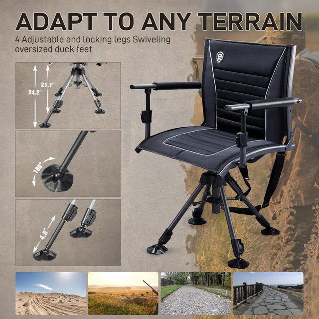 Alt view image 4 of 7 - 360° Silent Swivel Hunting Chair for Blinds, Adjustable Folding Hunting Seats with Armrests for Outdoor Activities, Fishing, Support 400lbs, Black