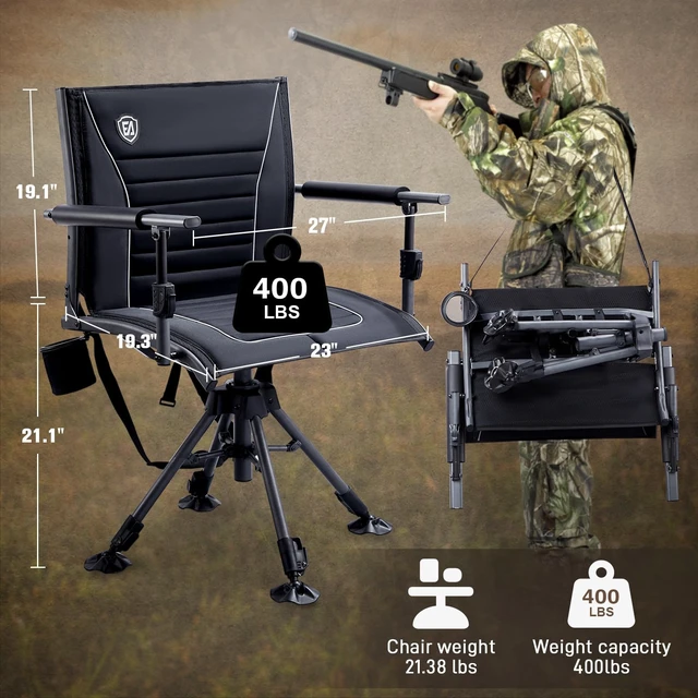 Alt view image 7 of 7 - 360° Silent Swivel Hunting Chair for Blinds, Adjustable Folding Hunting Seats with Armrests for Outdoor Activities, Fishing, Support 400lbs, Black