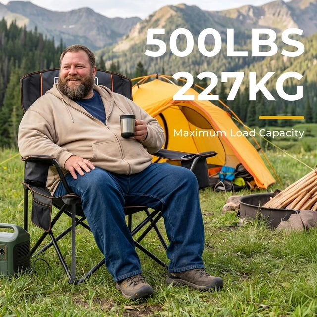 Alt view image 3 of 7 - Oversized Camping Chair for Adults - 450 lb Fully Padded High Back | Fully Padded High Back with Cooler Bags, Cup Holders, Side Pockets & Carry Bags for Outdoor Relaxation Use