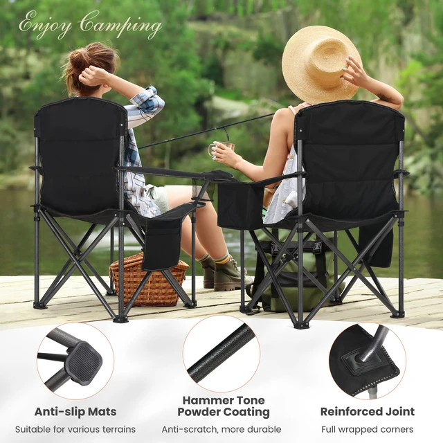 Alt view image 3 of 7 - Heavy Duty Oversized Portable Folding Camping Chairs Support 450 LBS Black | Padded Foldable Outdoor Chair, Lawn Camp Chairs for Adults with Cup Holder, Cooler Bag, for Fishing, Beach
