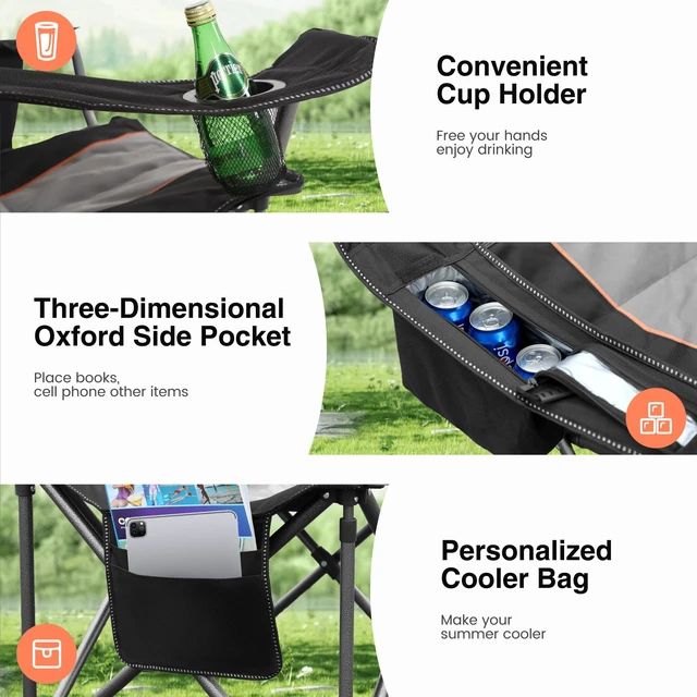 Alt view image 5 of 7 - Heavy Duty Oversized Portable Folding Camping Chairs Support 450 LBS Black | Padded Foldable Outdoor Chair, Lawn Camp Chairs for Adults with Cup Holder, Cooler Bag, for Fishing, Beach