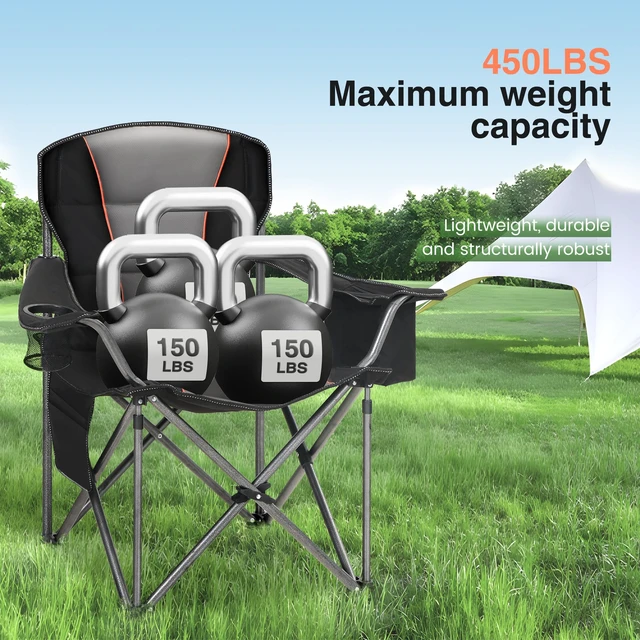 Alt view image 6 of 7 - Heavy Duty Oversized Portable Folding Camping Chairs Support 450 LBS Black | Padded Foldable Outdoor Chair, Lawn Camp Chairs for Adults with Cup Holder, Cooler Bag, for Fishing, Beach