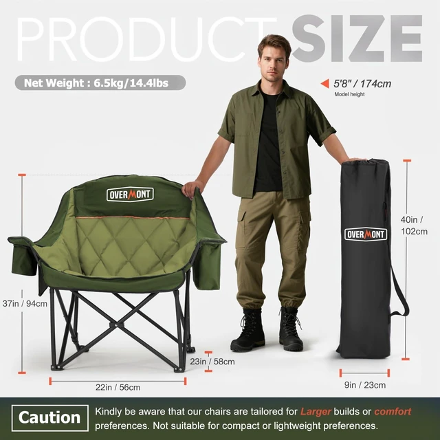 Alt view image 2 of 7 - Oversized XL Camping Chair for Adults 500 lb Support | Padded Seating and A Cooler Bag for Camping Sports Garden Beach Fishing Lawn Outdoor Relaxation with Side Pocket&Cup Holder