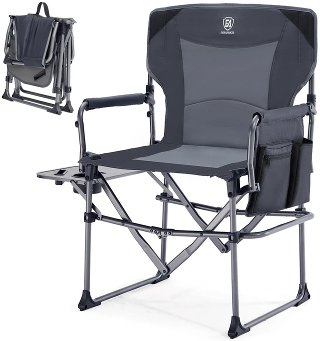 Main image of Camping Directors' Chair with Side Table, Portable Folding Chair with Compact Size, Heavy Duty Lawn with Pocket for Camping, Lawn, Sports and Fishing, 400lbs, Grey