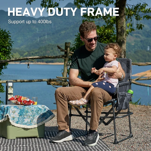 Alt view image 3 of 7 - Camping Directors' Chair with Side Table, Portable Folding Chair with Compact Size, Heavy Duty Lawn with Pocket for Camping, Lawn, Sports and Fishing, 400lbs, Grey
