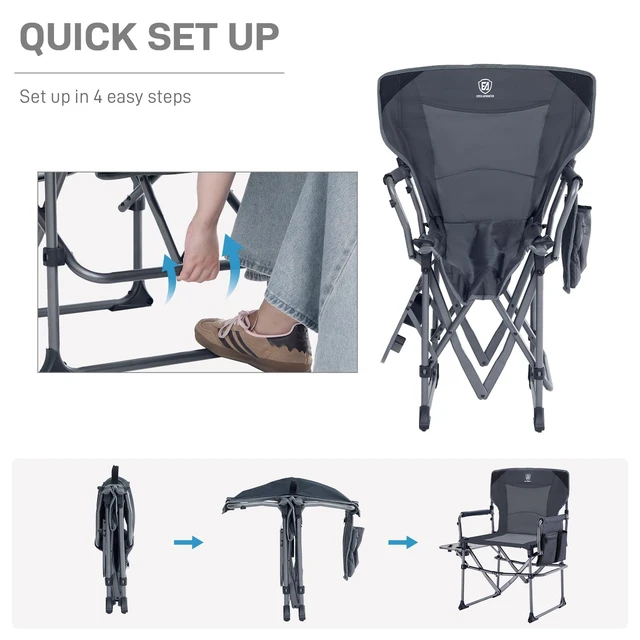 Alt view image 5 of 7 - Camping Directors' Chair with Side Table, Portable Folding Chair with Compact Size, Heavy Duty Lawn with Pocket for Camping, Lawn, Sports and Fishing, 400lbs, Grey