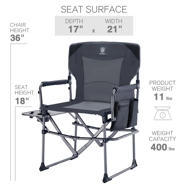 Alt view image 7 of 7 - Camping Directors' Chair with Side Table, Portable Folding Chair with Compact Size, Heavy Duty Lawn with Pocket for Camping, Lawn, Sports and Fishing, 400lbs, Grey