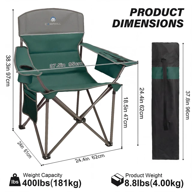 Alt view image 2 of 6 - Oversized Camping Chairs 2 Pack - Heavy Duty 400LBS Padded Lawn Chair with Cooler Bag,Cup Holder,Side Pocket,Collapsible for Outdoor,Camp,Fishing & Garden,Dark Green