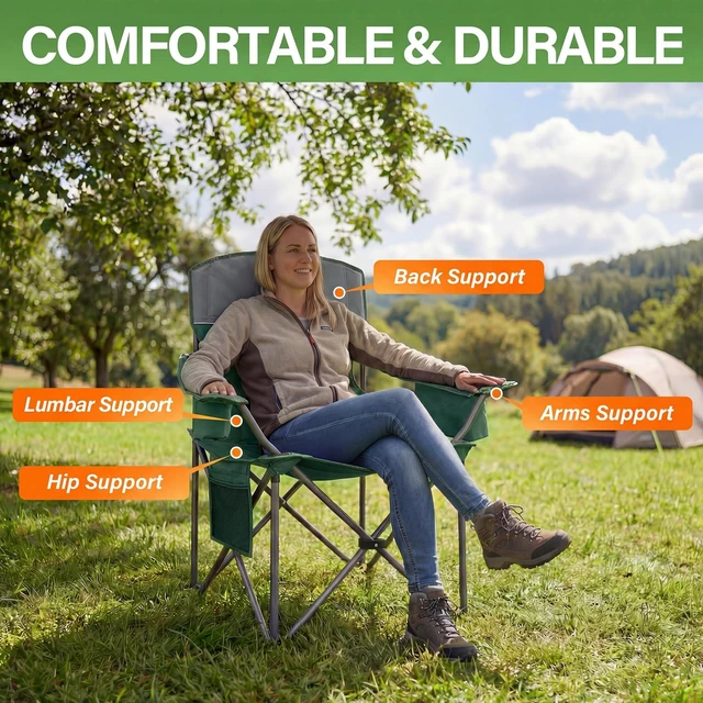 Alt view image 3 of 6 - Oversized Camping Chairs 2 Pack - Heavy Duty 400LBS Padded Lawn Chair with Cooler Bag,Cup Holder,Side Pocket,Collapsible for Outdoor,Camp,Fishing & Garden,Dark Green