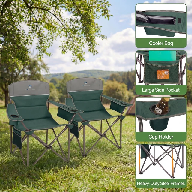 Alt view image 4 of 6 - Oversized Camping Chairs 2 Pack - Heavy Duty 400LBS Padded Lawn Chair with Cooler Bag,Cup Holder,Side Pocket,Collapsible for Outdoor,Camp,Fishing & Garden,Dark Green