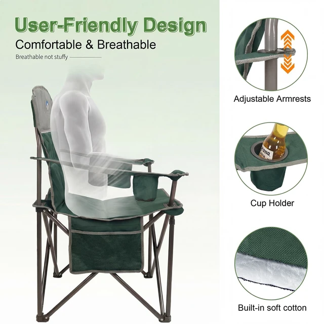 Alt view image 5 of 6 - Oversized Camping Chairs 2 Pack - Heavy Duty 400LBS Padded Lawn Chair with Cooler Bag,Cup Holder,Side Pocket,Collapsible for Outdoor,Camp,Fishing & Garden,Dark Green