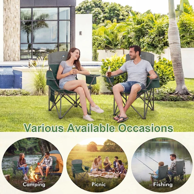 Alt view image 6 of 6 - Oversized Camping Chairs 2 Pack - Heavy Duty 400LBS Padded Lawn Chair with Cooler Bag,Cup Holder,Side Pocket,Collapsible for Outdoor,Camp,Fishing & Garden,Dark Green